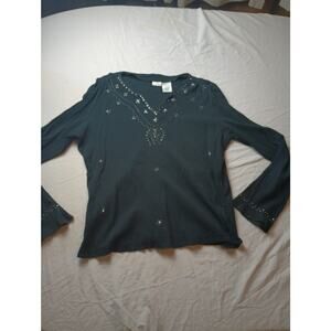 Y2K Vintage Crinkle Black Sequin V-Neck Bell Sleeve Blouse Top Women Junior XL